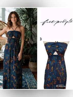 Free People Navy Floral Strapless Maxi with Keyhole